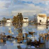 Large oil painting on canvas Camargue landscape Roger QUINTAINE 1921-2005