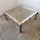 Table basse chrome et verre, design années 70
