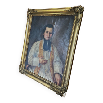 Huile sur toile encadrée représentant un homme d’église. Portrait du 19e siècle.