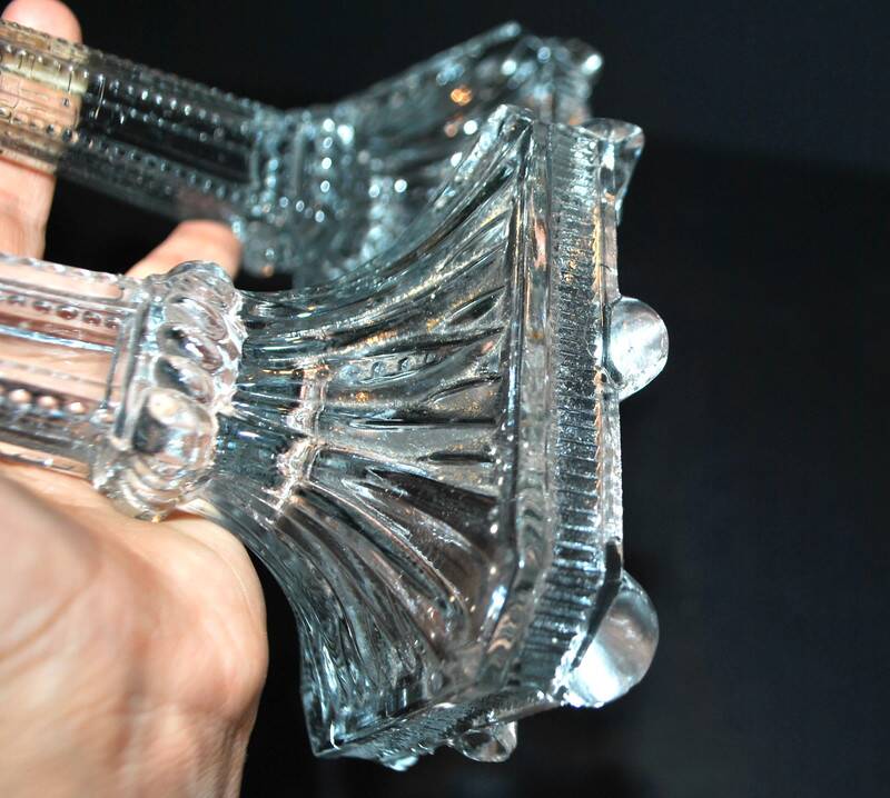 Set of 2 Egyptian-decorated candlesticks, Vallerysthal glassware, 1900