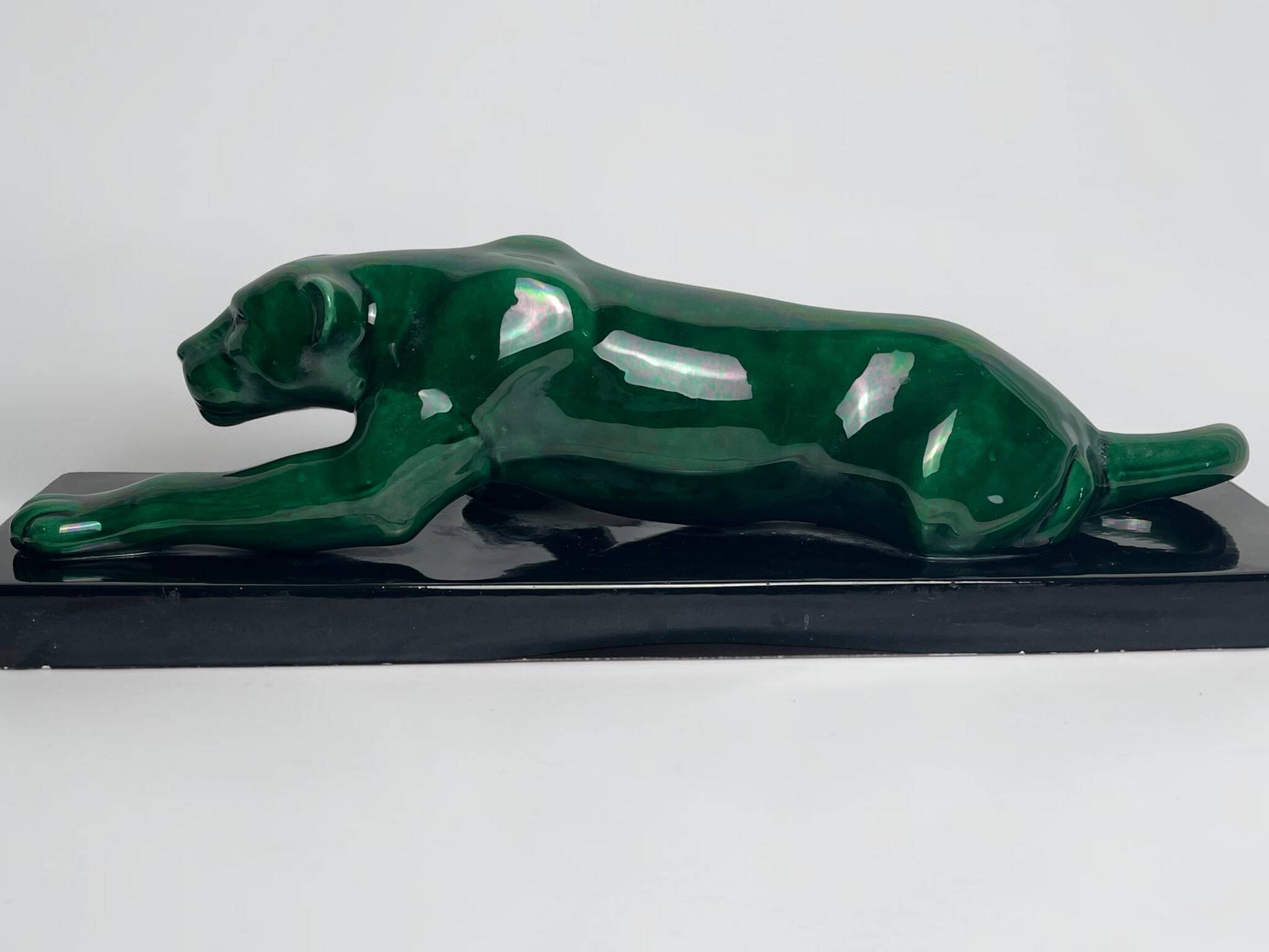 Art Deco, green ceramic panther sculpture circa 1930.