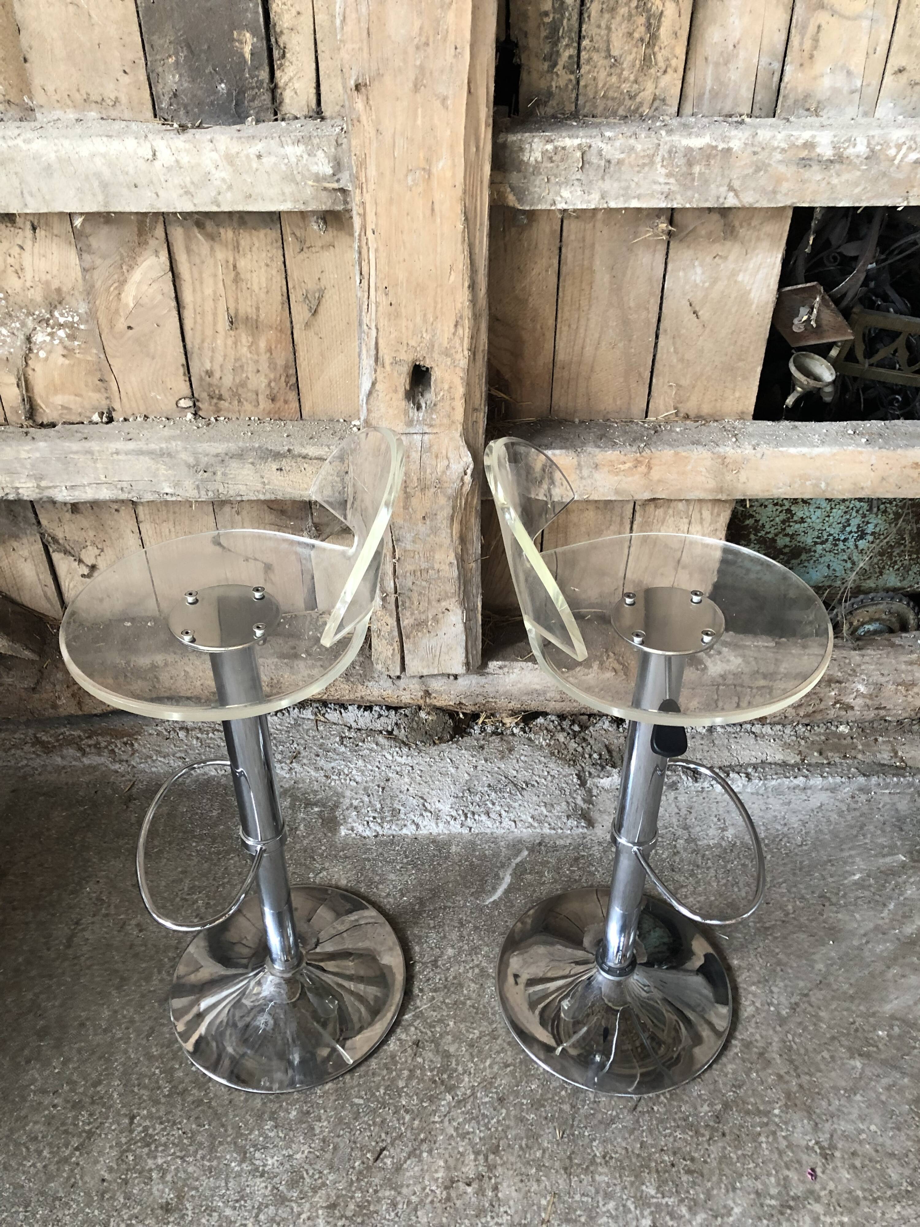 Pair Stool Foot Bar Tulip Metal Chrome + Seat Plexi Transparent Vintage