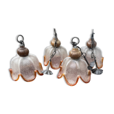 Set of 4 Vintage Bubble Glass and Wood Pendants