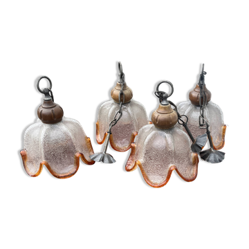 Set of 4 Vintage Bubble Glass and Wood Pendants