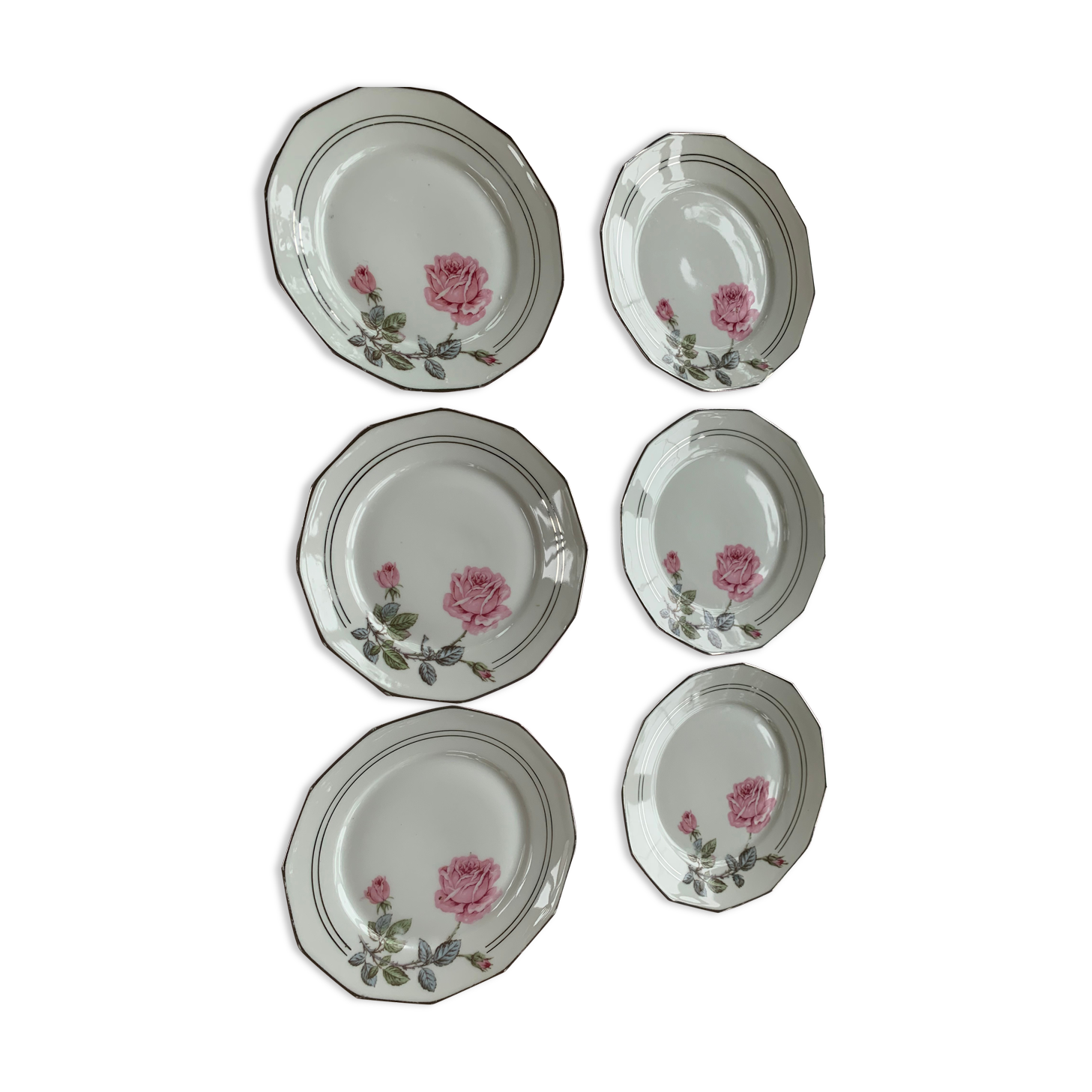 6 dessert plates in white porcelain with art deco rose pattern
