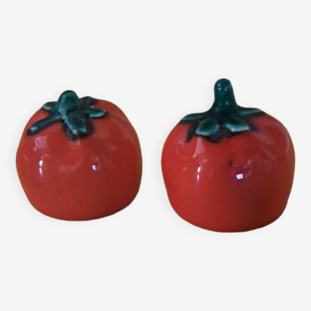 Salière et poivrière tomate en barbotine vintage