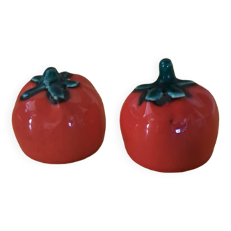 Salière et poivrière tomate en barbotine vintage