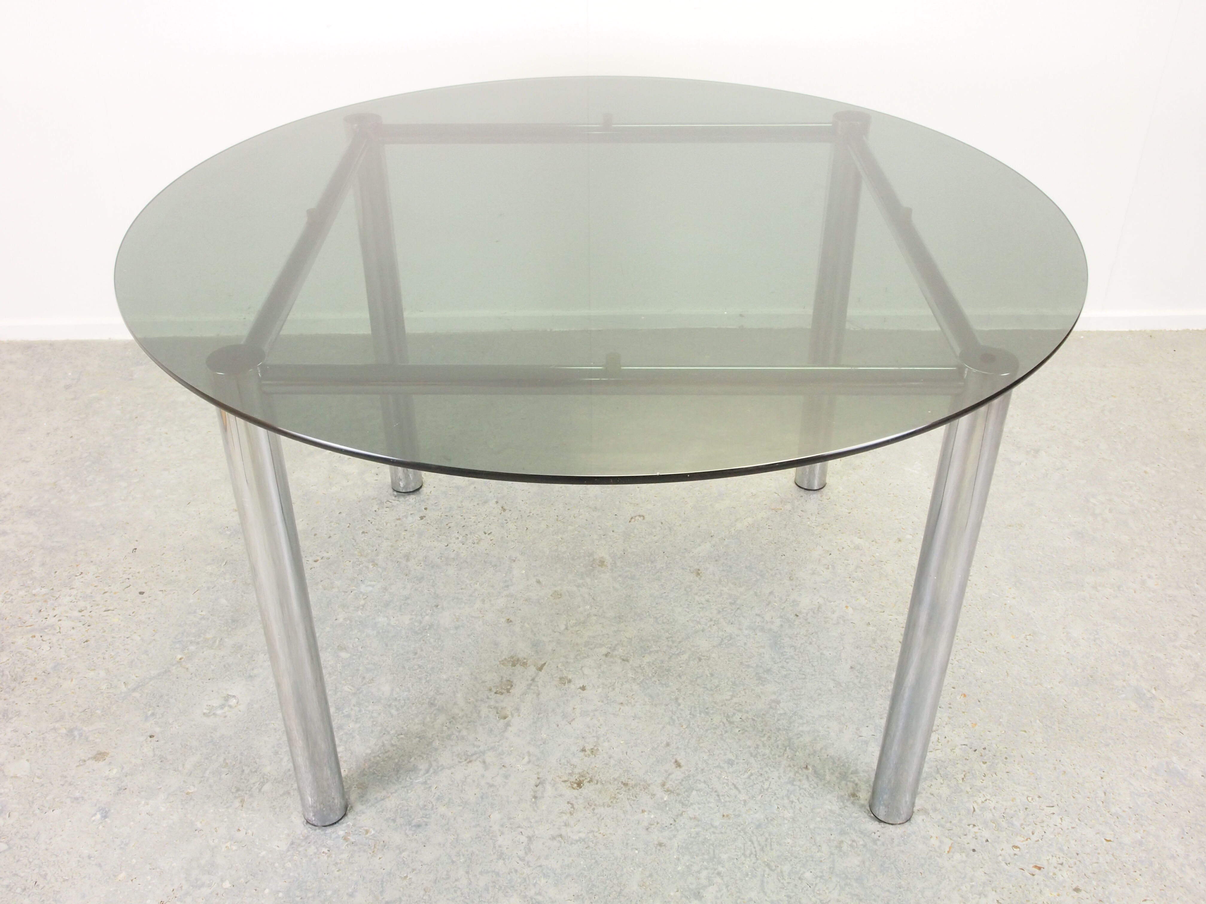 Vintage Seventies round dining table with blue/grey smoked glass top