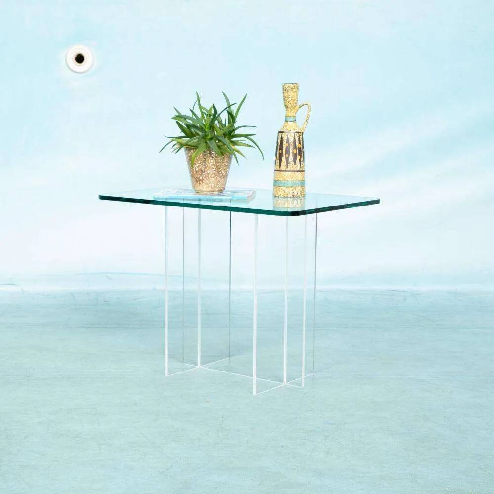 Minimalist side table in glass & acrylic, Memphis style