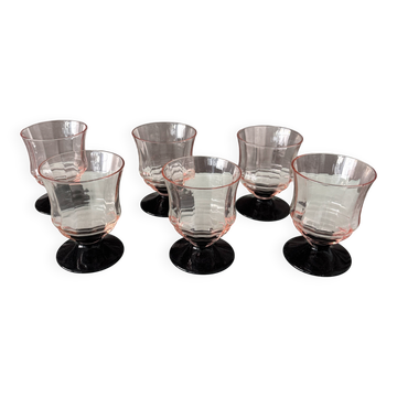 Vintage Art Deco Pink Liqueur Glasses | Set of 6 | Black Foot | 1930s–40s