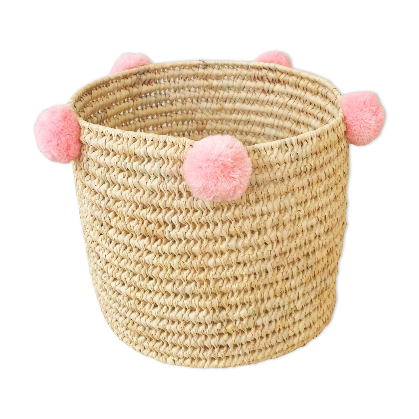 Moroccan basket with pale pink pompoms made of palm fiber