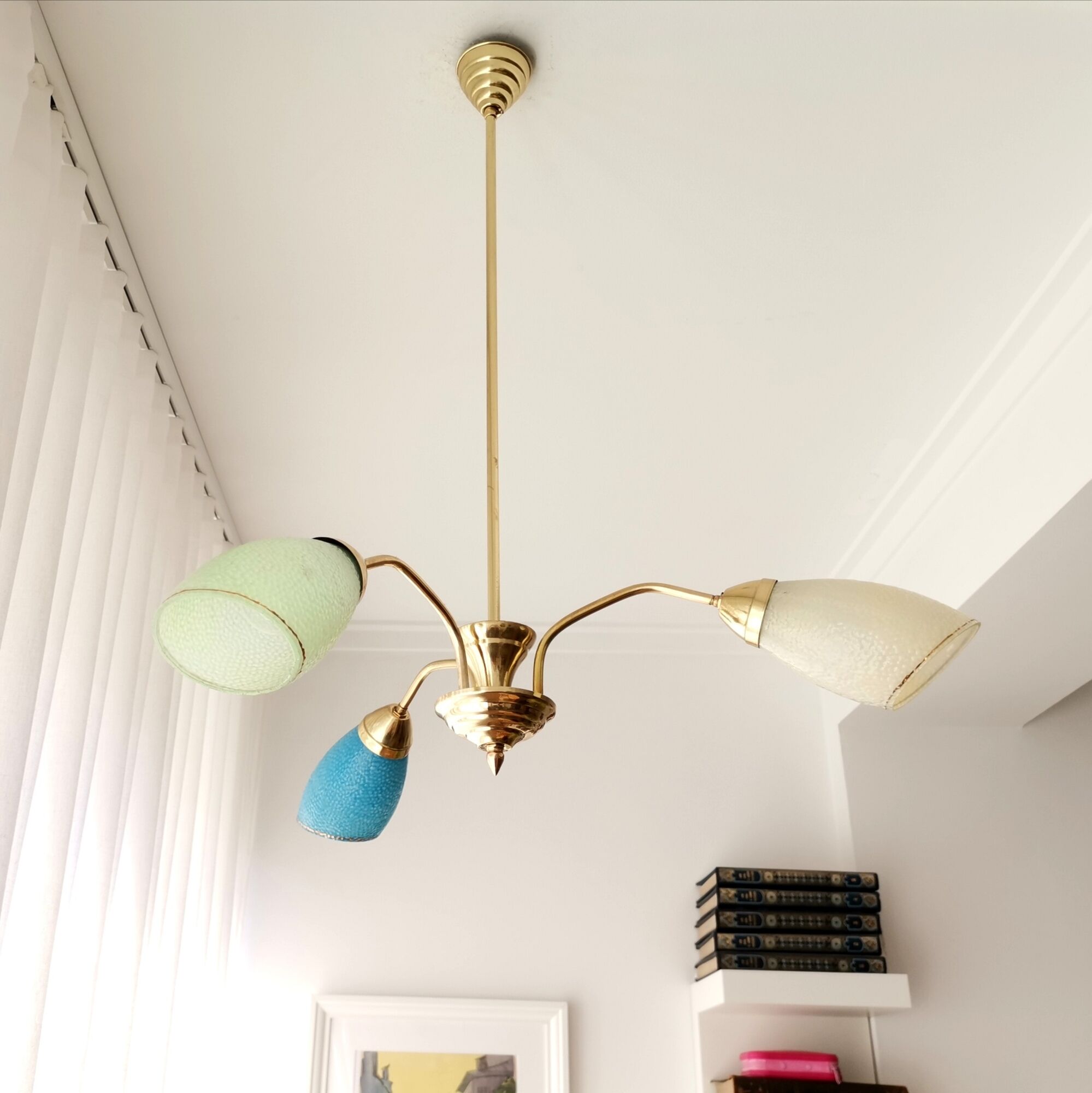 Vintage 1940s gold metal and glass 3 arm Sputnik chandelier