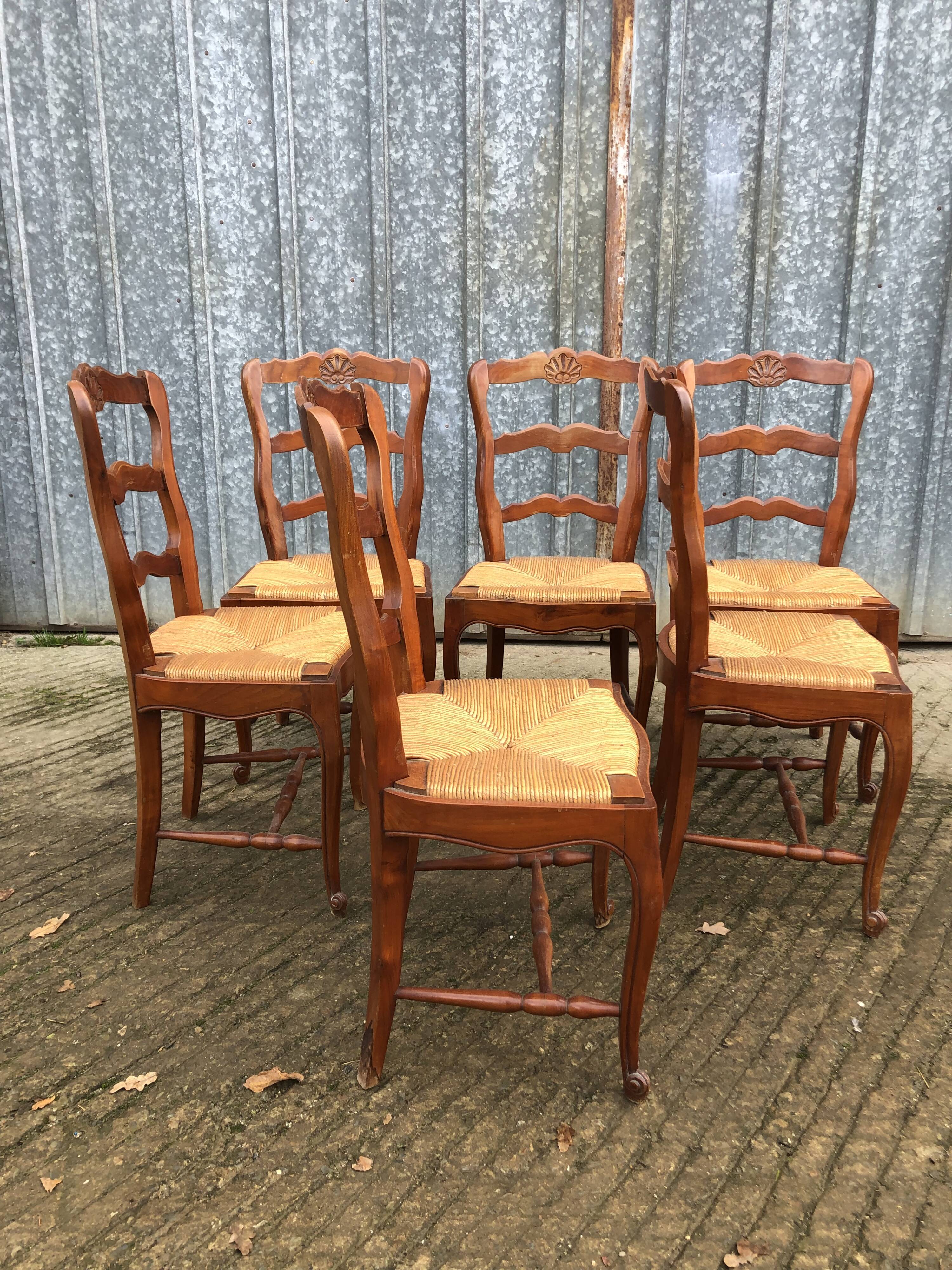 6 rush-seated chairs in solid cherry wood in Louis XV style