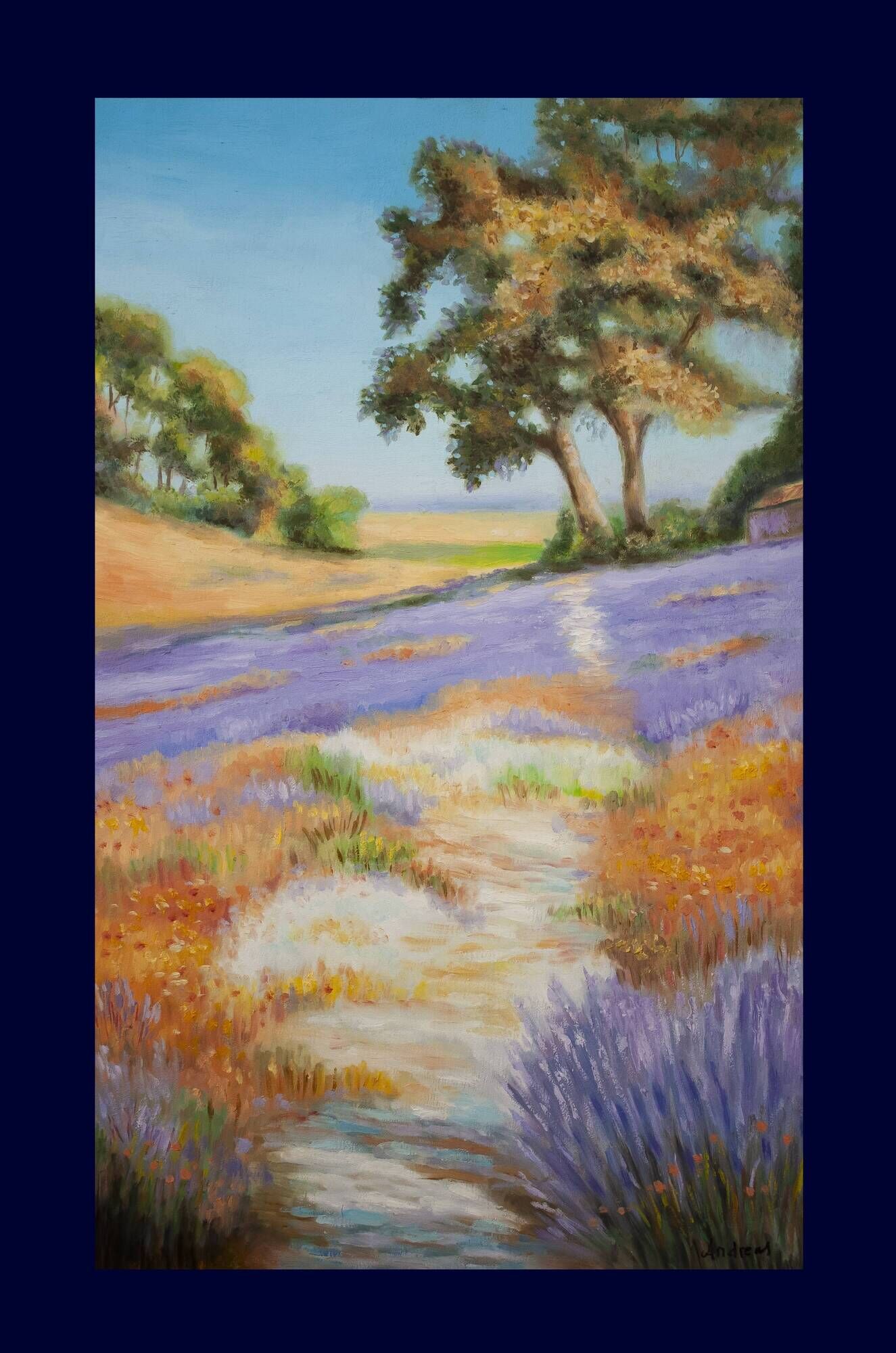 Oil painting on wooden panel, lavender landscape with lilacs and trees.