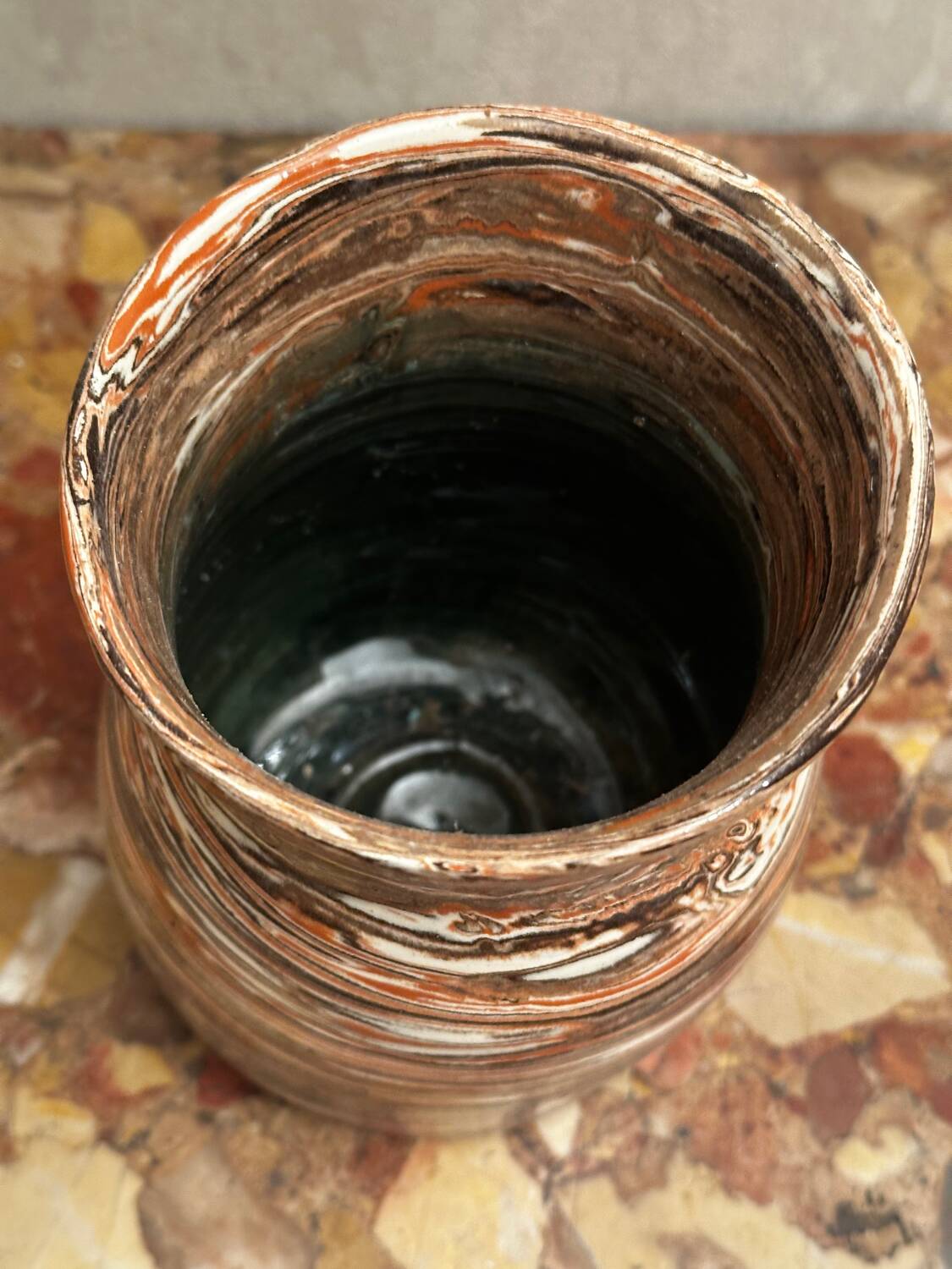 Small Vintage Marbled Terracotta Vase signed Bethany H 15.5 cm