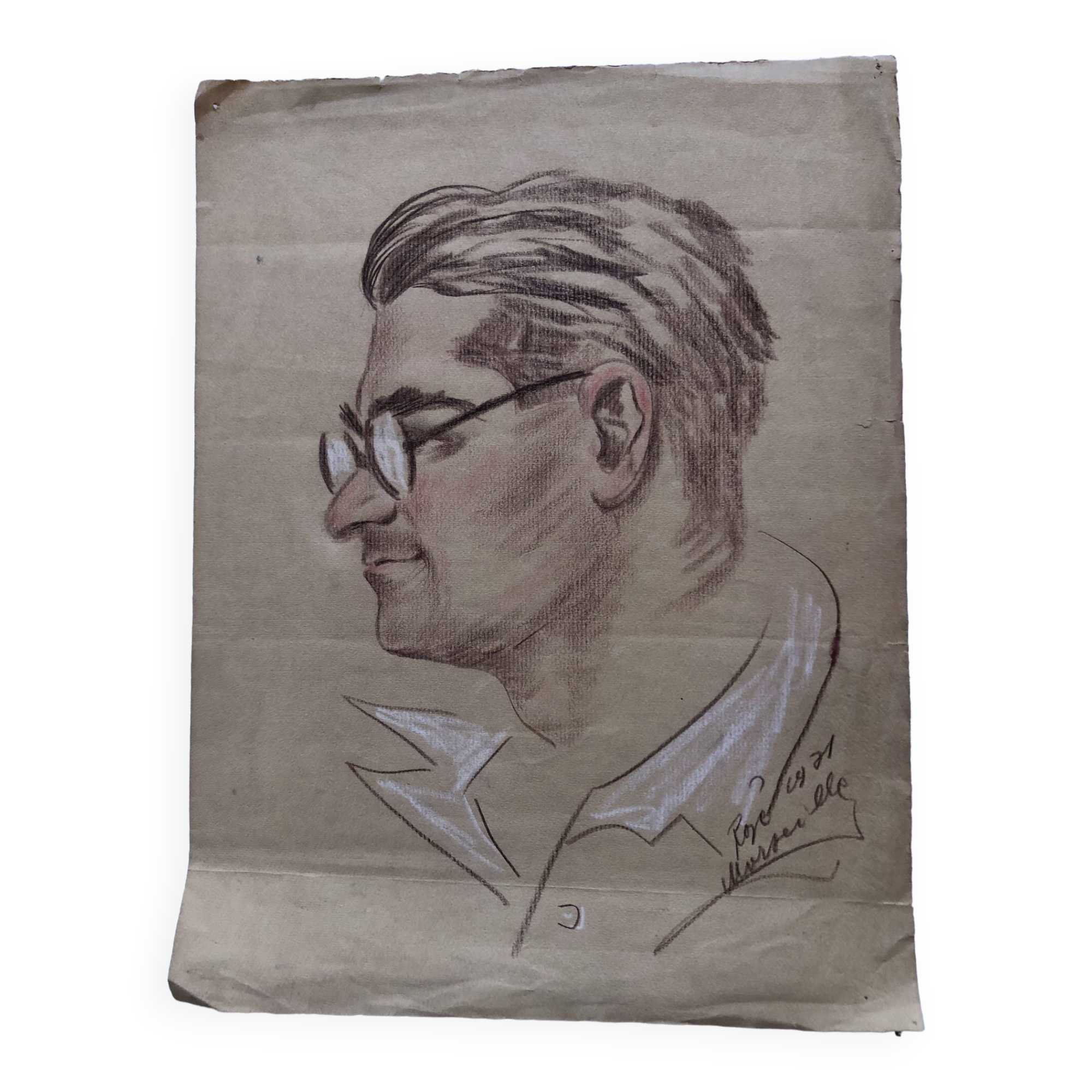 Pastel drawing 1971 man portrait with glasses, signed rose? marseille 13 bouche du rhône paper