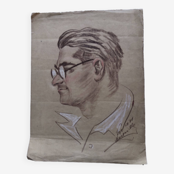 Dessin au pastel 1971 portrait homme à lunettes, signé rose ? marseille 13 bouche du rhône papier