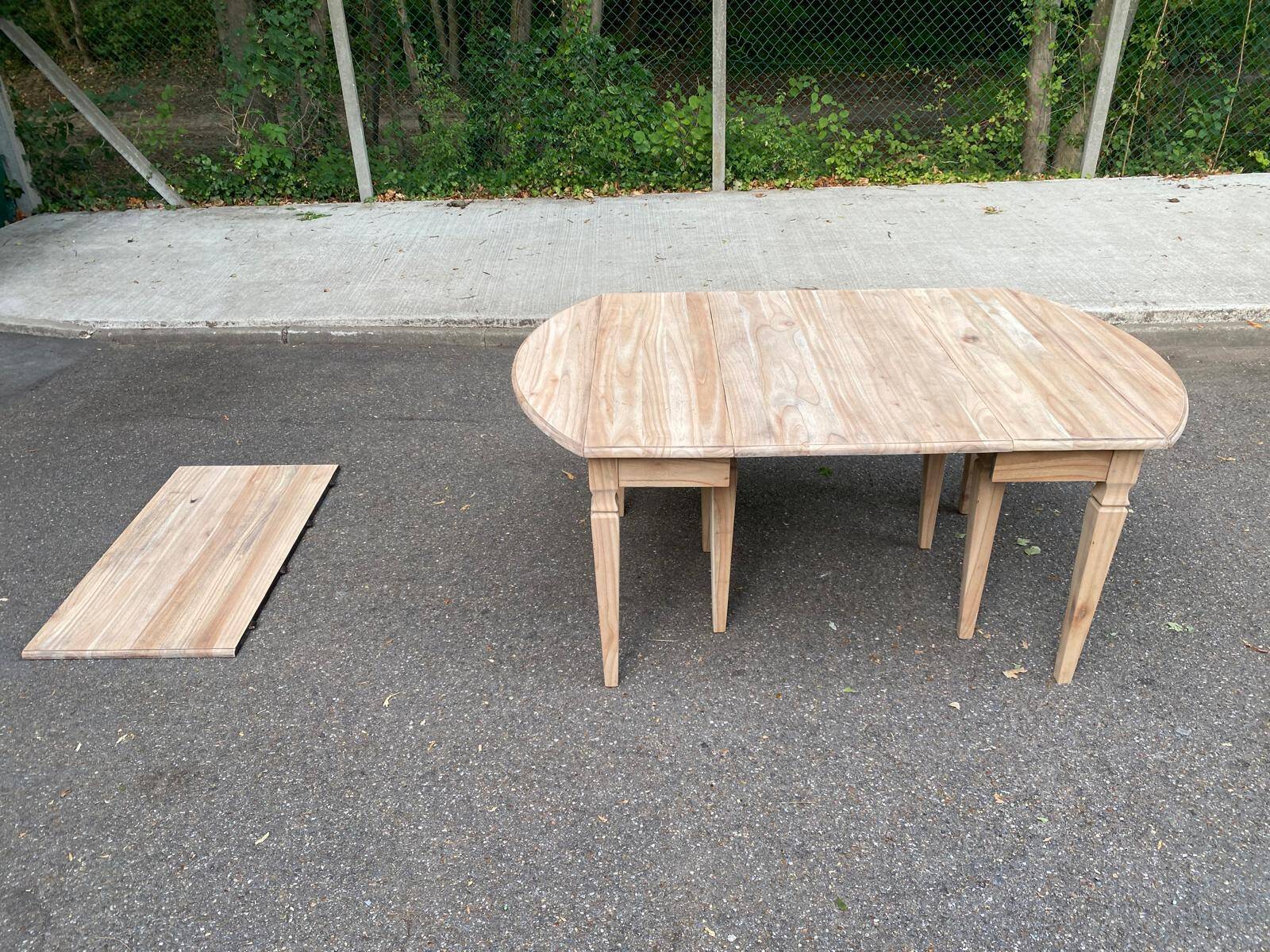 Renovated square extendable dining table in raw solid cherry wood, Louis XVI style.