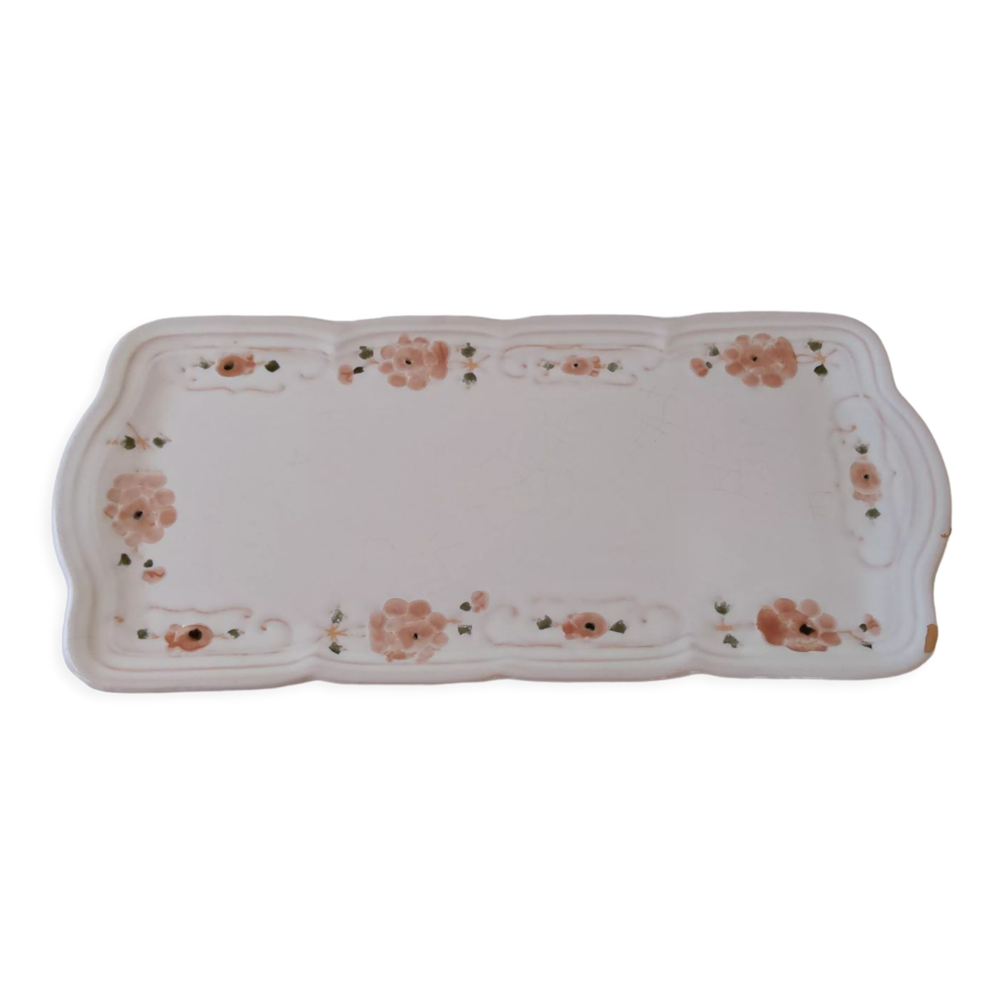 Antique dish in white ceramic and pink spring flowers Niderviller France