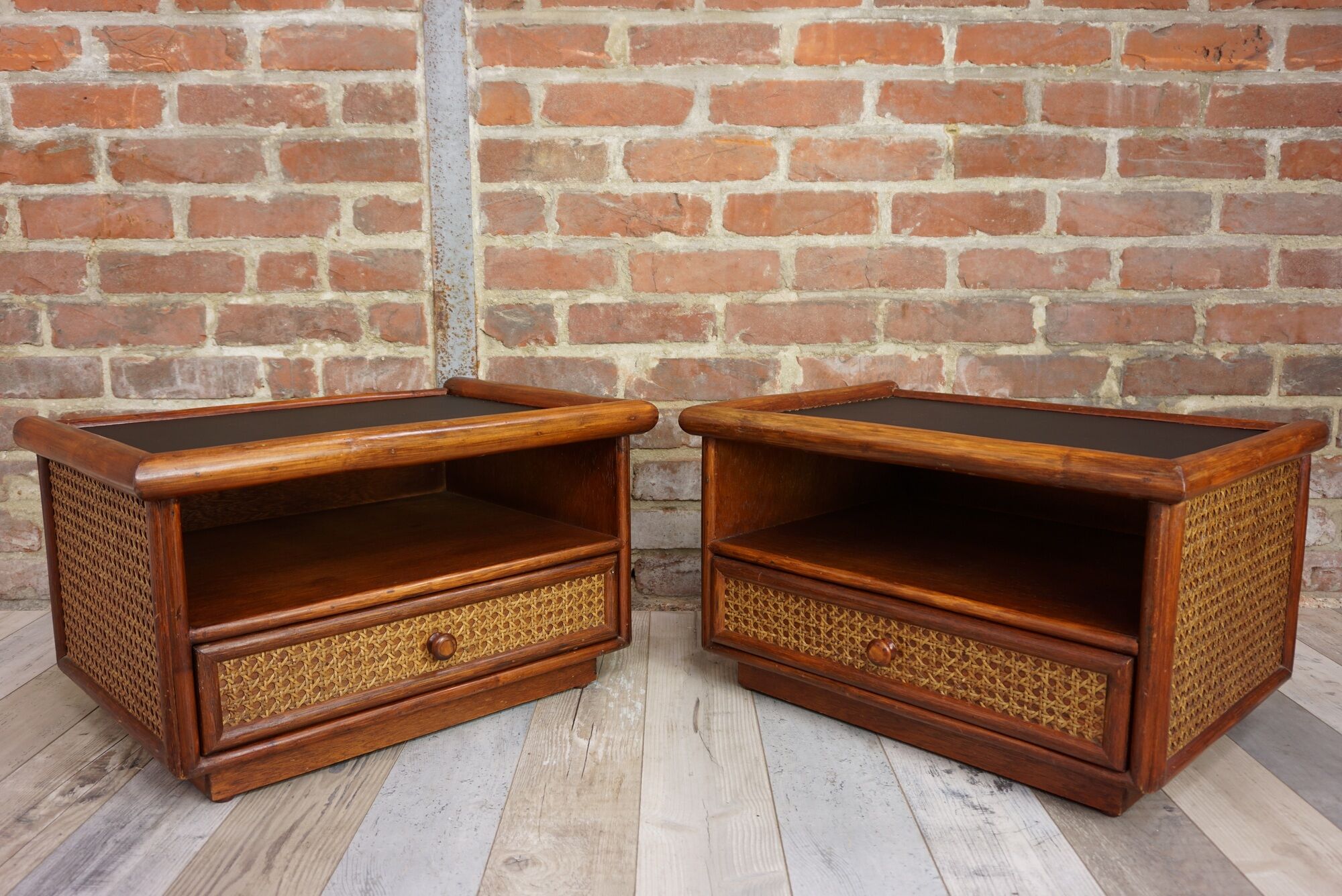 Pair of wooden bedside tables, rattan, canning and faux black leather