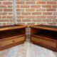 Pair of wooden bedside tables, rattan, canning and faux black leather