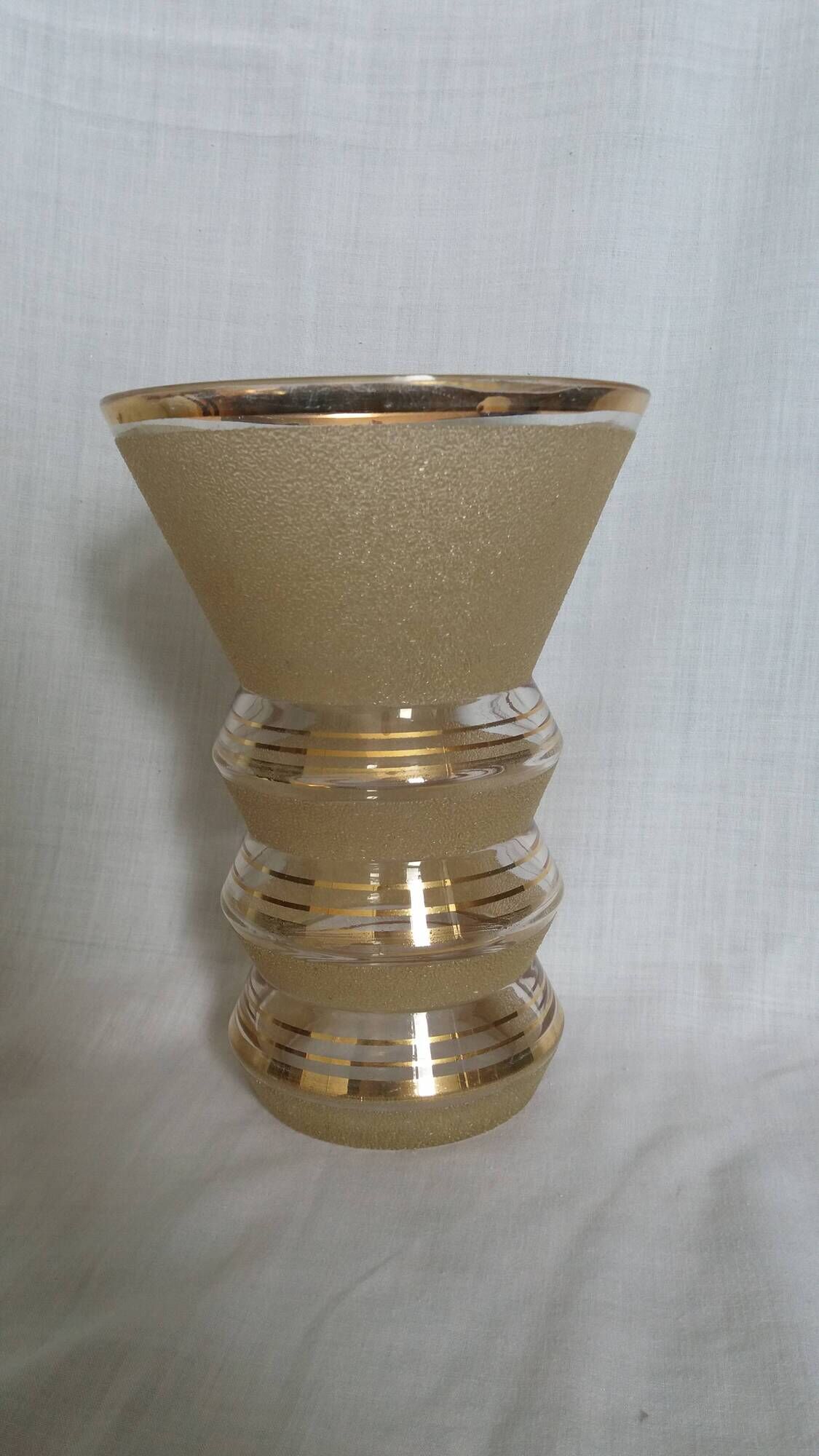 Frosted glass vase with a champagne finish and gold trim Art Deco