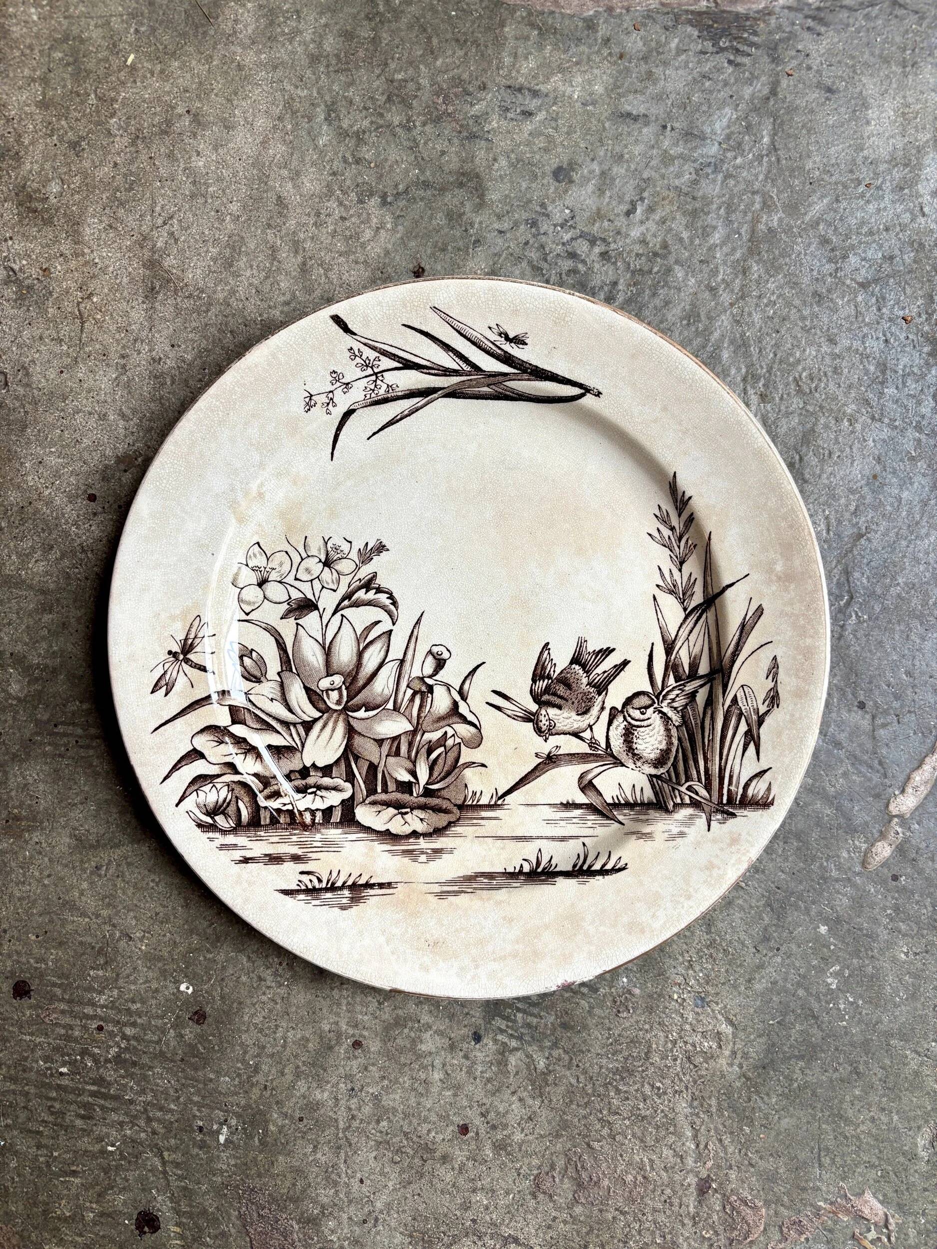 Assiette plate Tunstall en terre de fer anglaise marron et dorée, service "Amazon" vers 1880