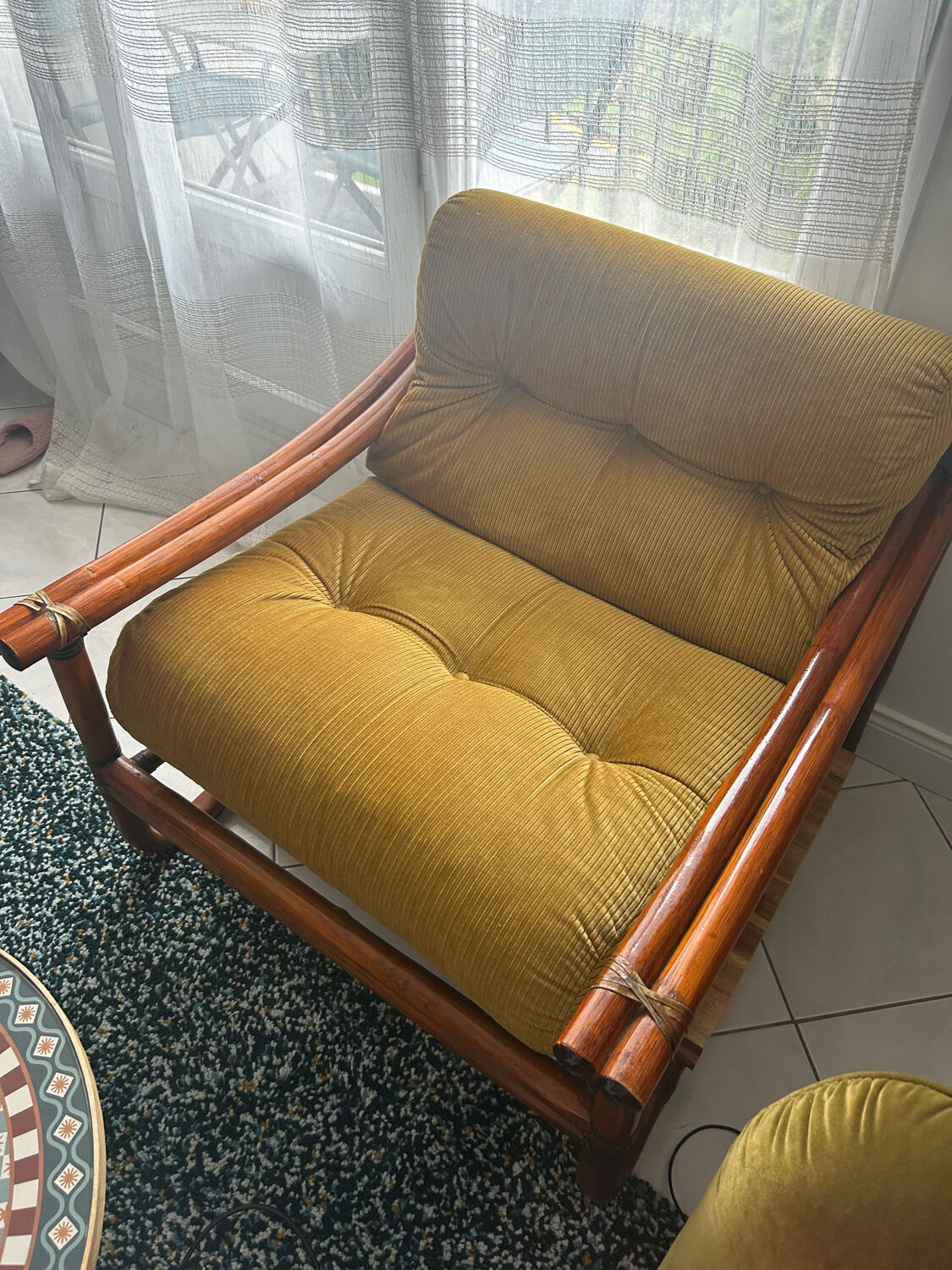 Magnificent velvet fabric rattan armchair - vintage