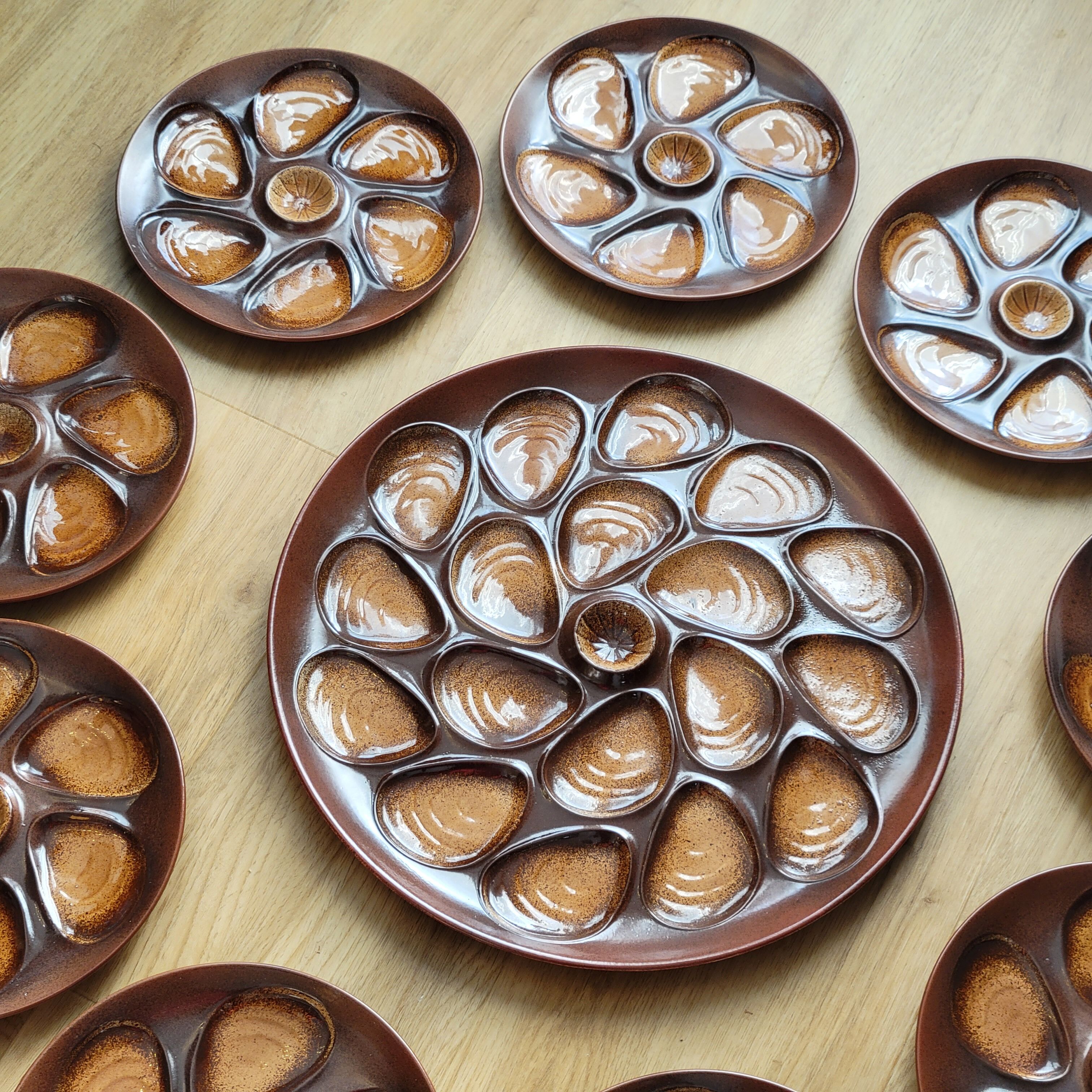 Vintage oyster service Salins earthenware France 9 plates and dish