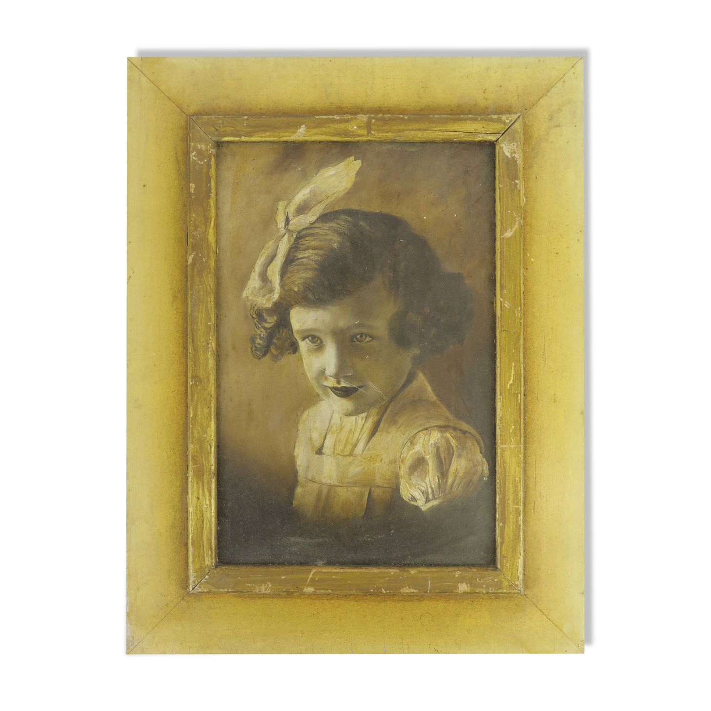 Antique oil painting portrait young lady oil on panel with gilded frame