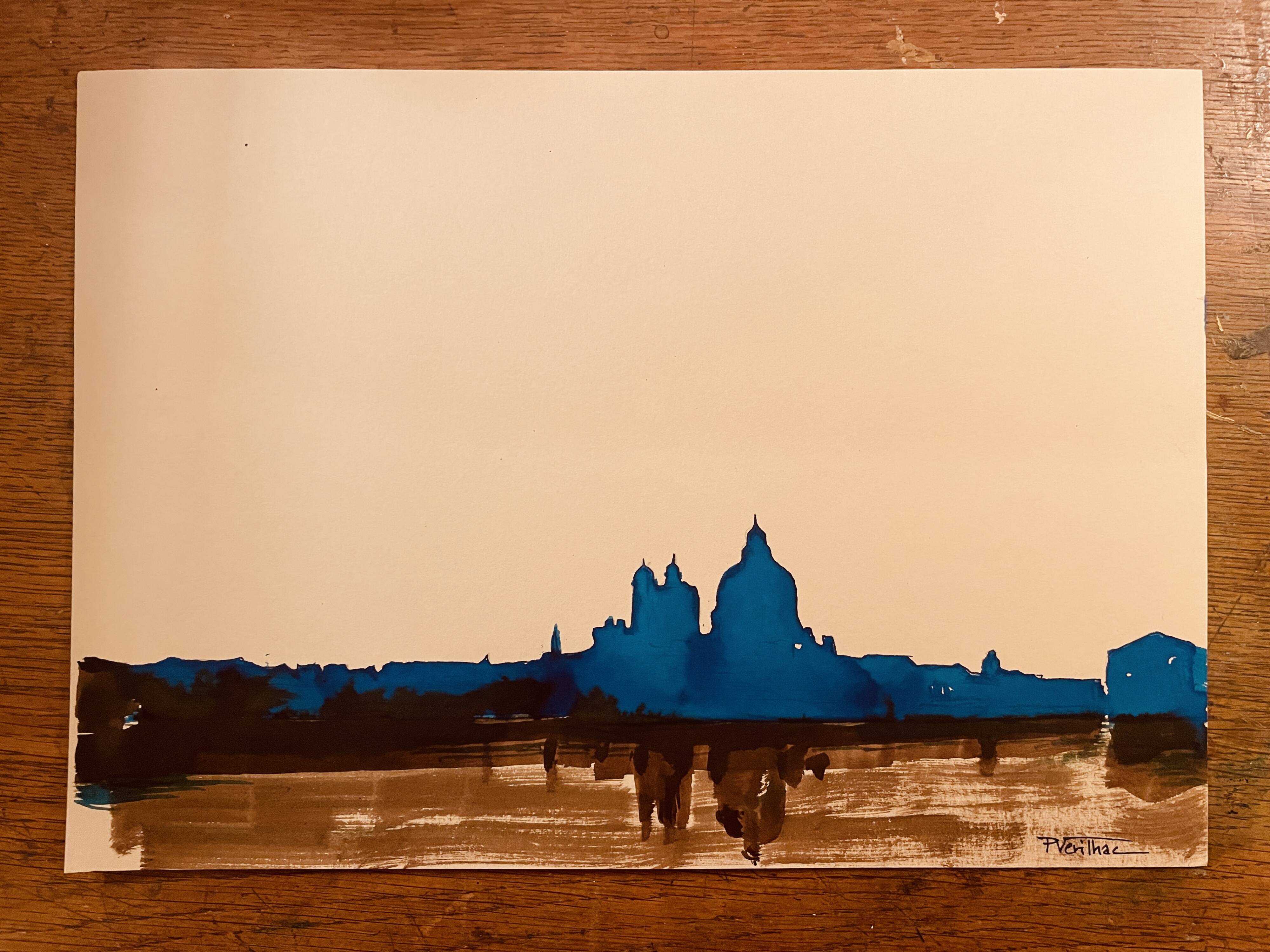 Signed watercolour painting in two colours "Twilight over Venice"