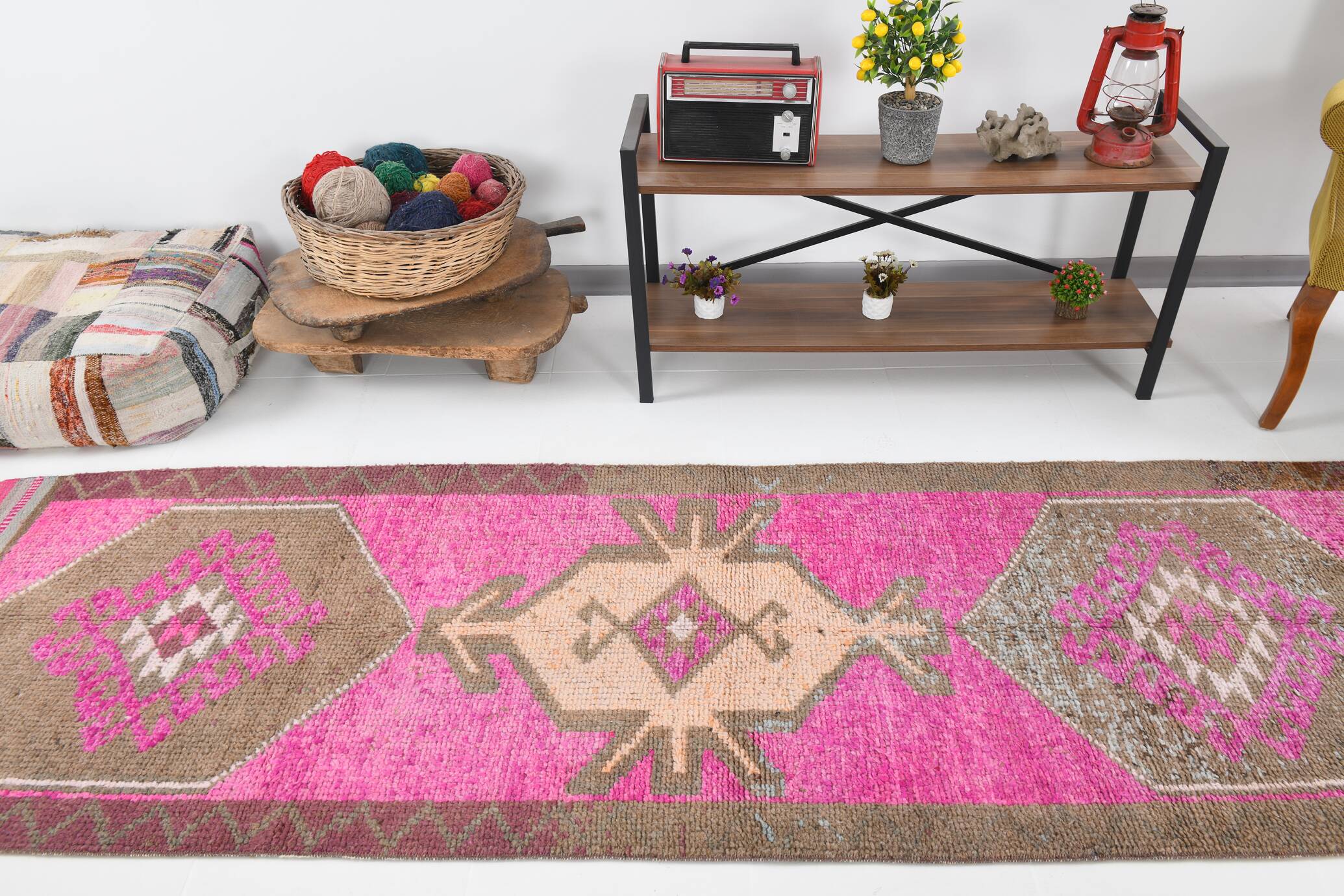 Pink Brown Vintage Runner Rug 94x299Cm