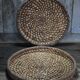 pair of old wicker trays, straw bourgne and bramble, woven bowl
