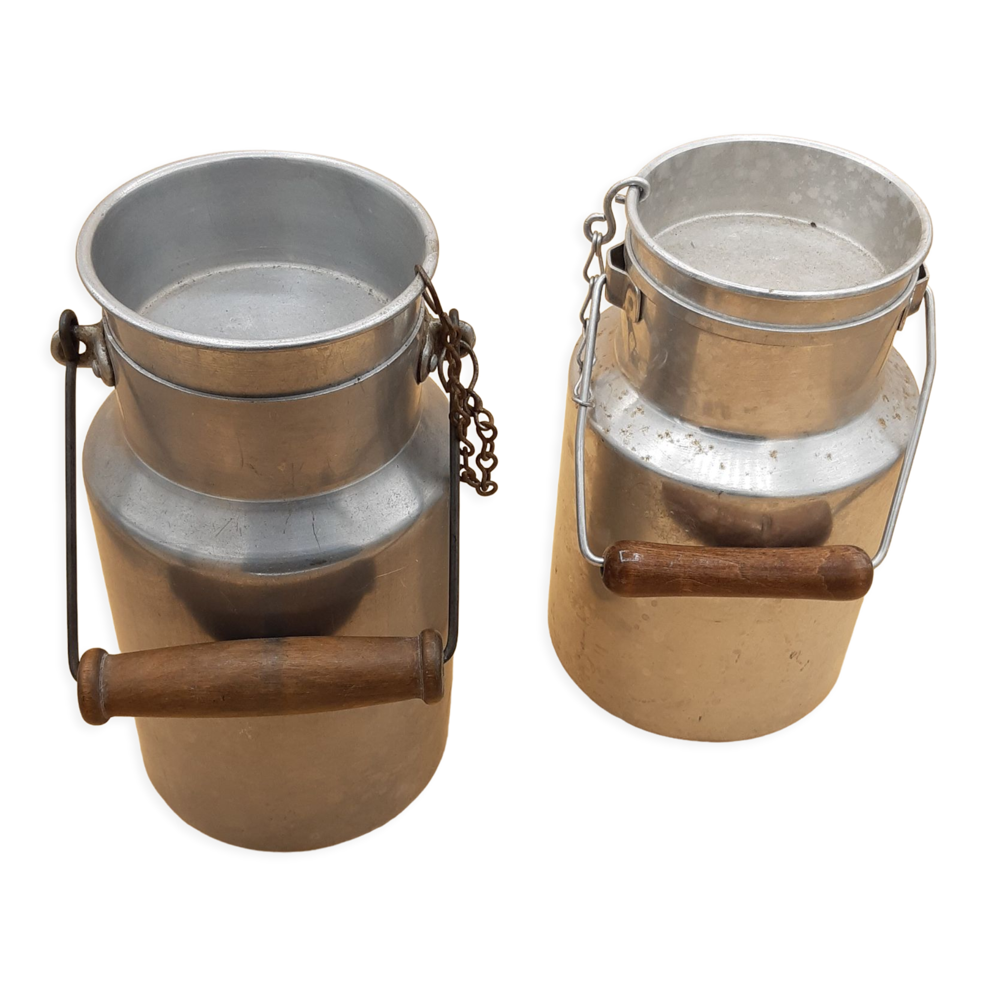 Old aluminum milk jars, wooden handle, lot of 2