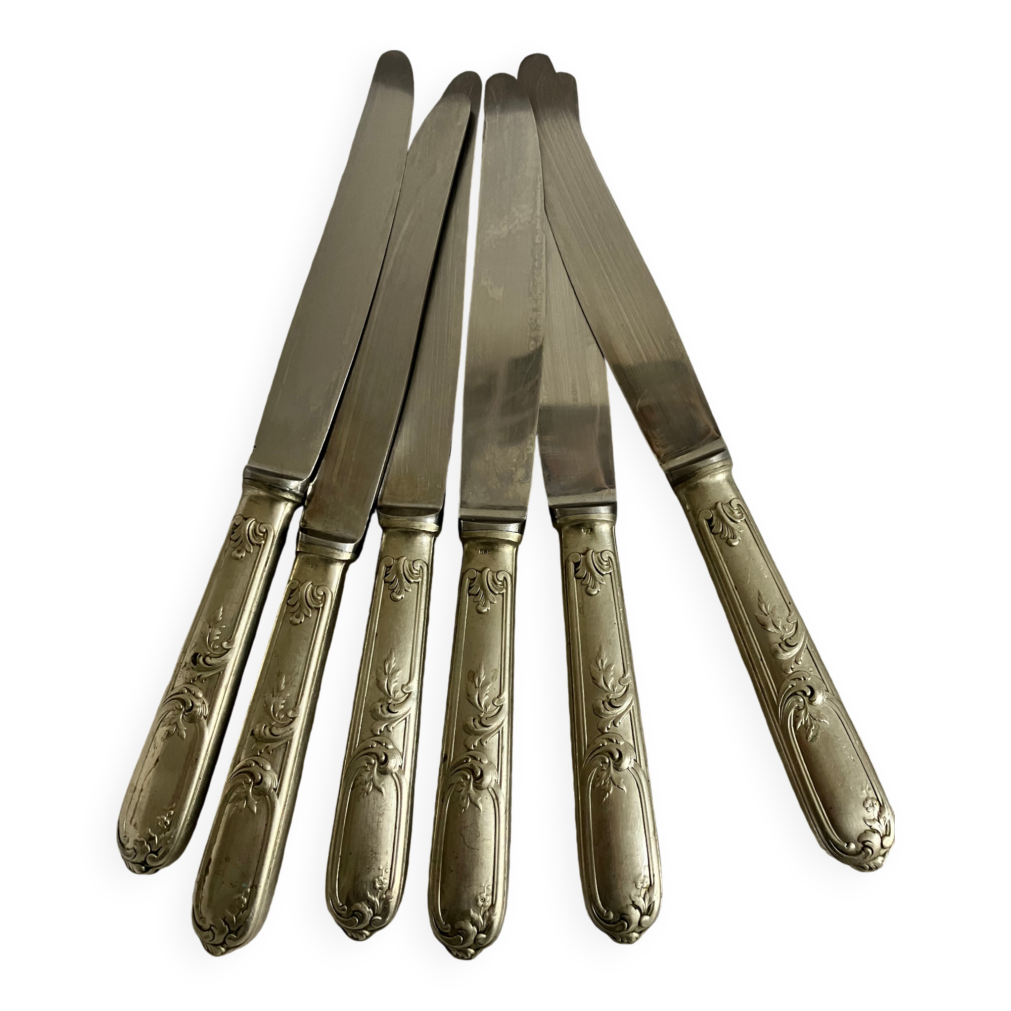 6 antique knives, silver plated metal