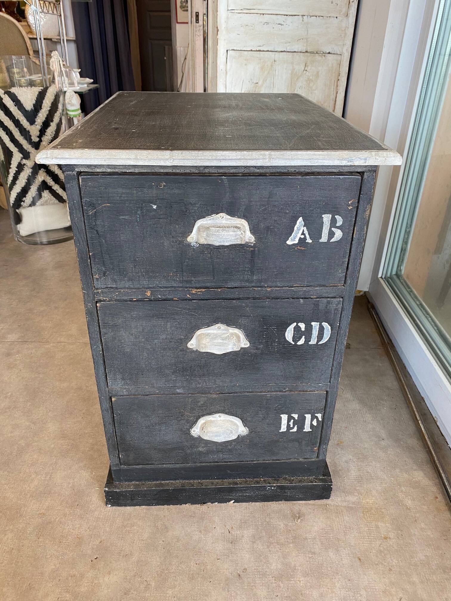 Antique professional furniture in patinated wood with 3 administration locker drawers