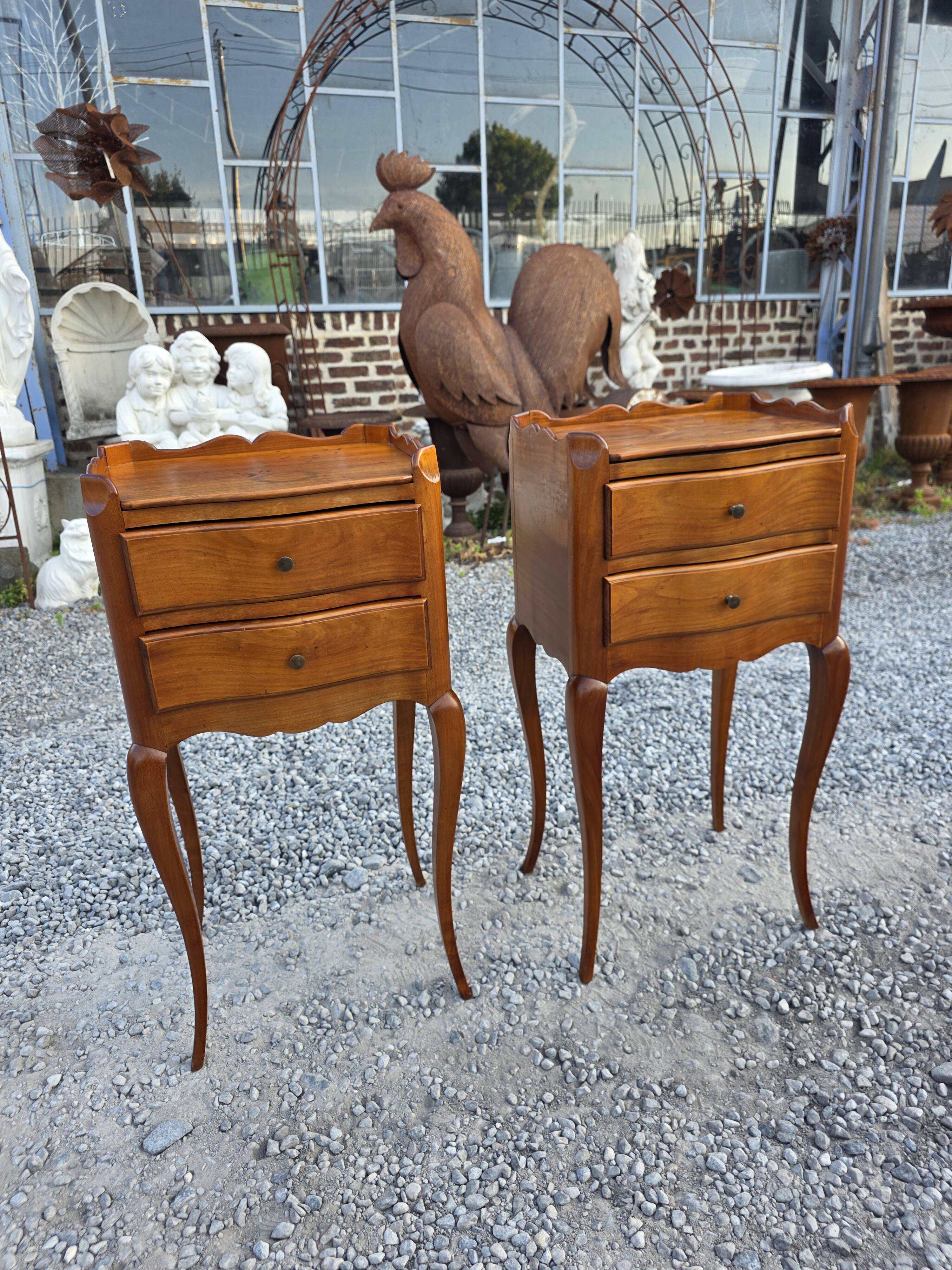 Pair of Louis XV style bedside tables in solid cherry wood.