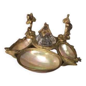 Empty inkwell pocket old gilded bronze and mother-of-pearl