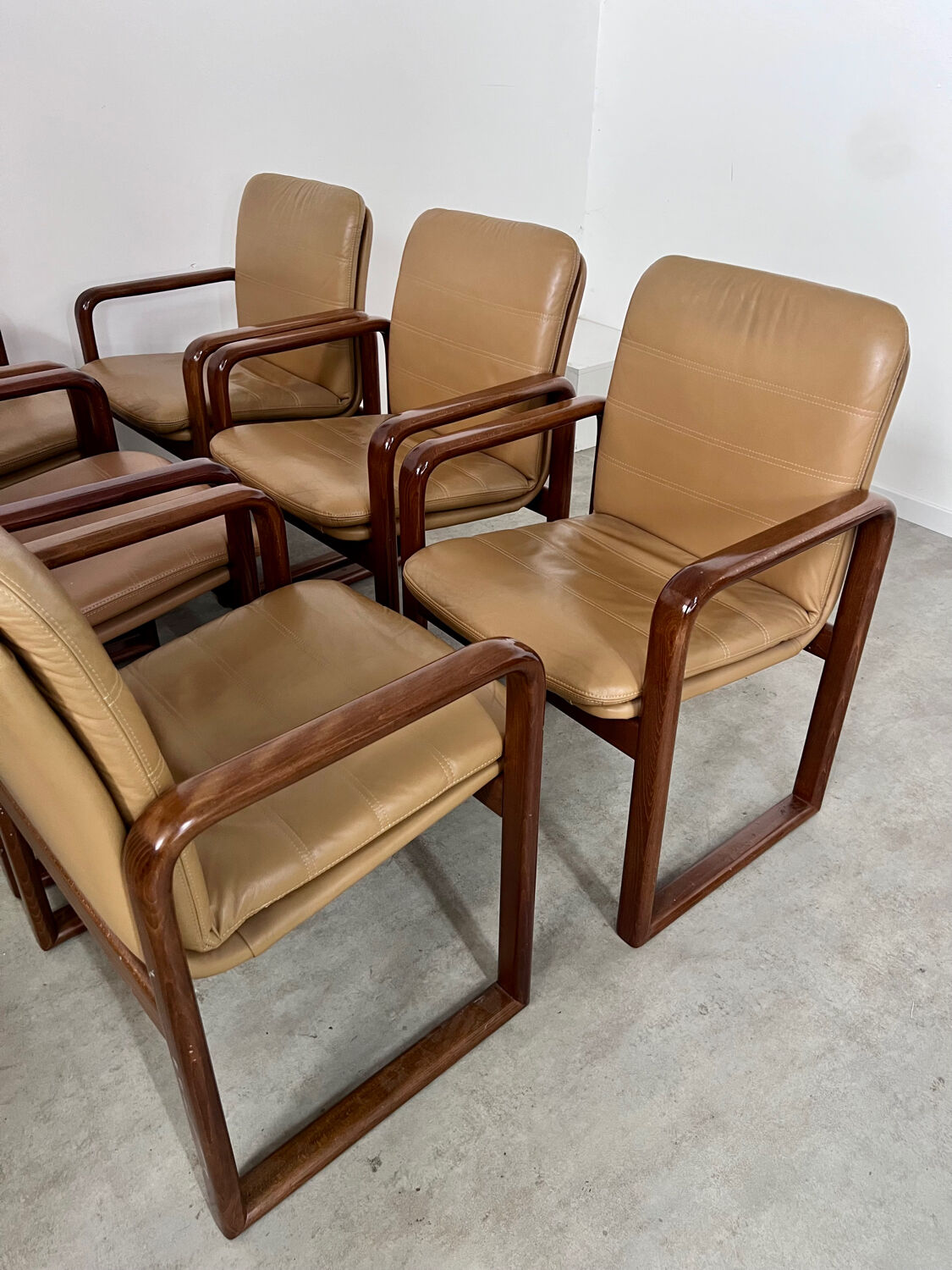Lot 6 chairs armrests vintage 70s Scandinavian design leather and wood