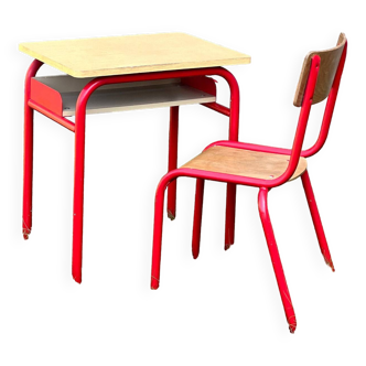 Vintage school table and chair in wood and metal