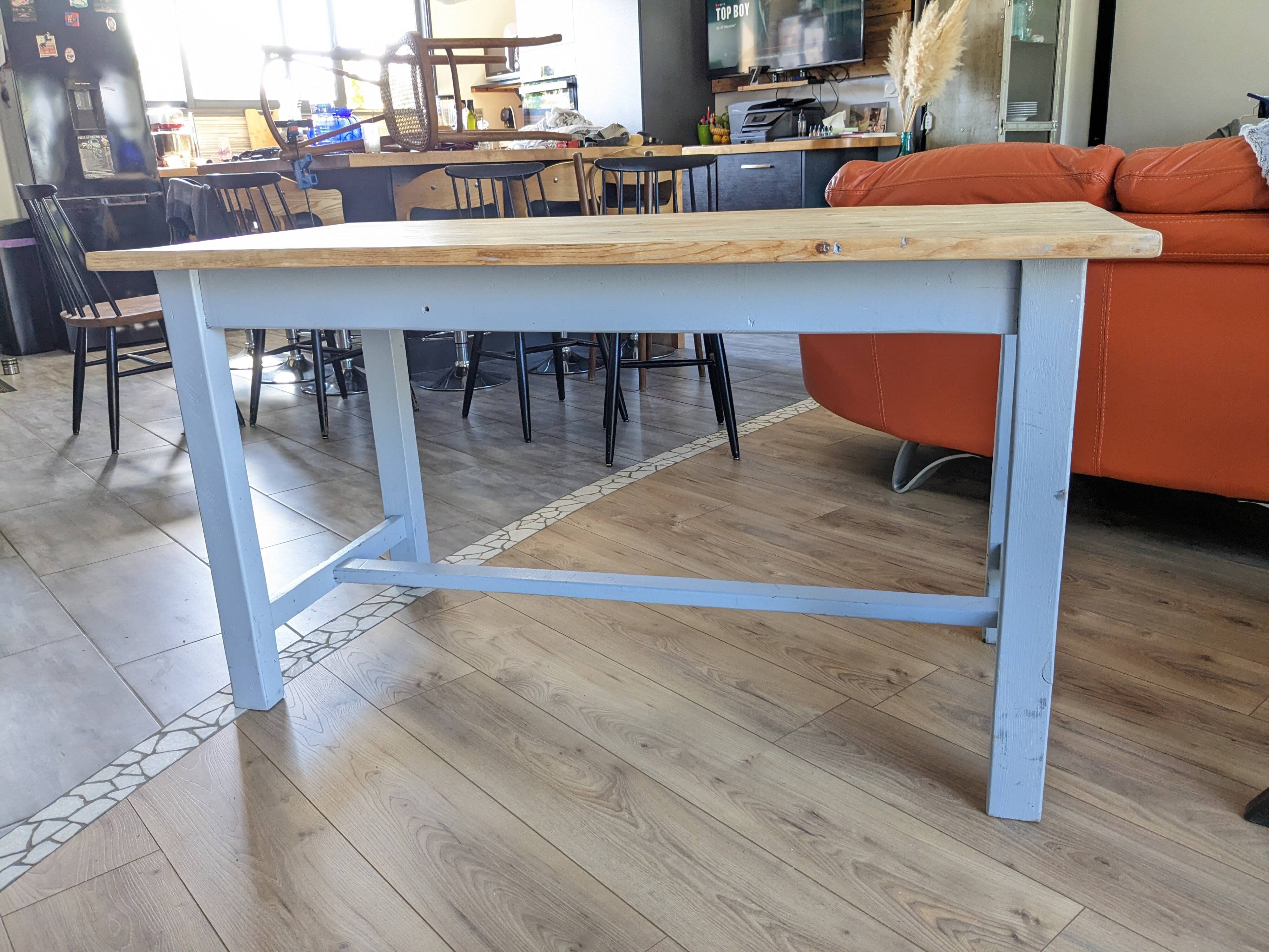 Sky blue and light wood farm table early 20th century 138 cm