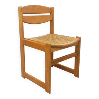 Chaise traîneau vintage en bois de hêtre et cannage des années 70 80