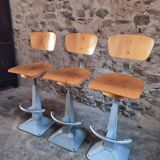Set of 3 industrial swivel workshop chairs – fixed height bar stools – mid-century factory seats