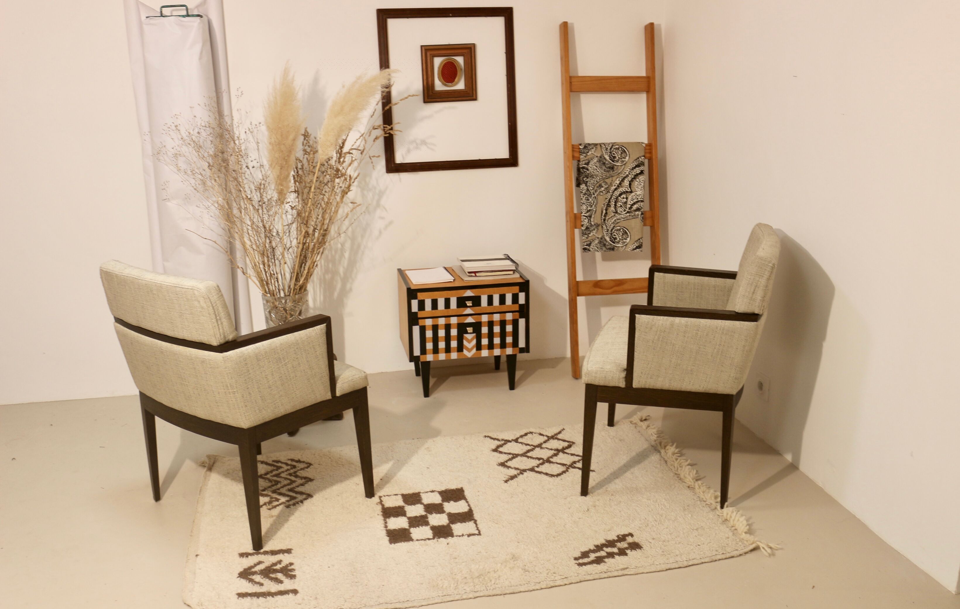 Pair of armchairs cube year 1960 fabric chiné beige restored. Sam SAM ref