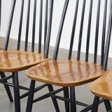 Set of 4 vintage wooden design chairs with black spindle backrest and brown seat