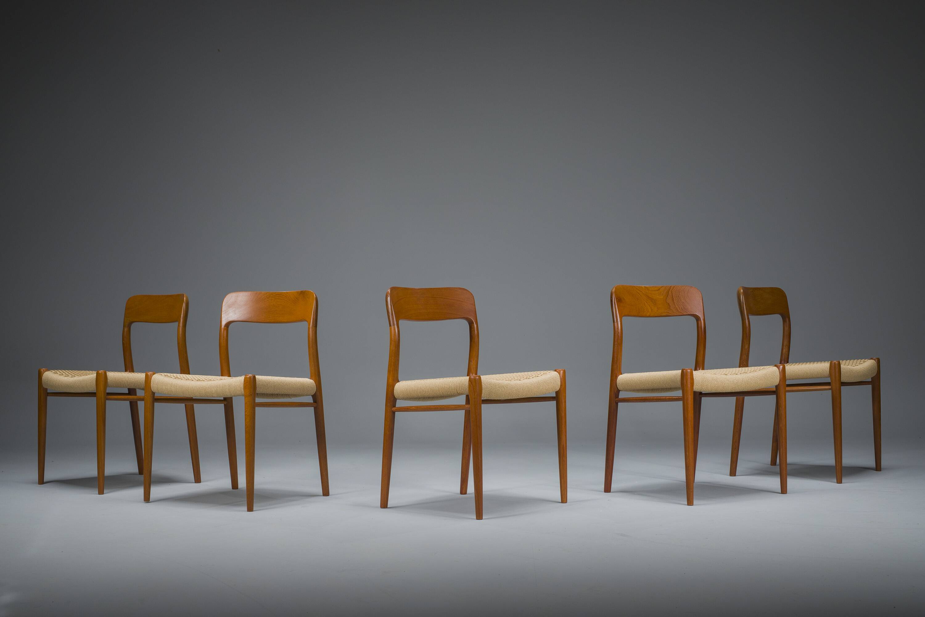 Danish Teak Mod. 77 Dining Chairs with Paper Cord by Niels O. Møller for JL Møllers, 1959, Set of