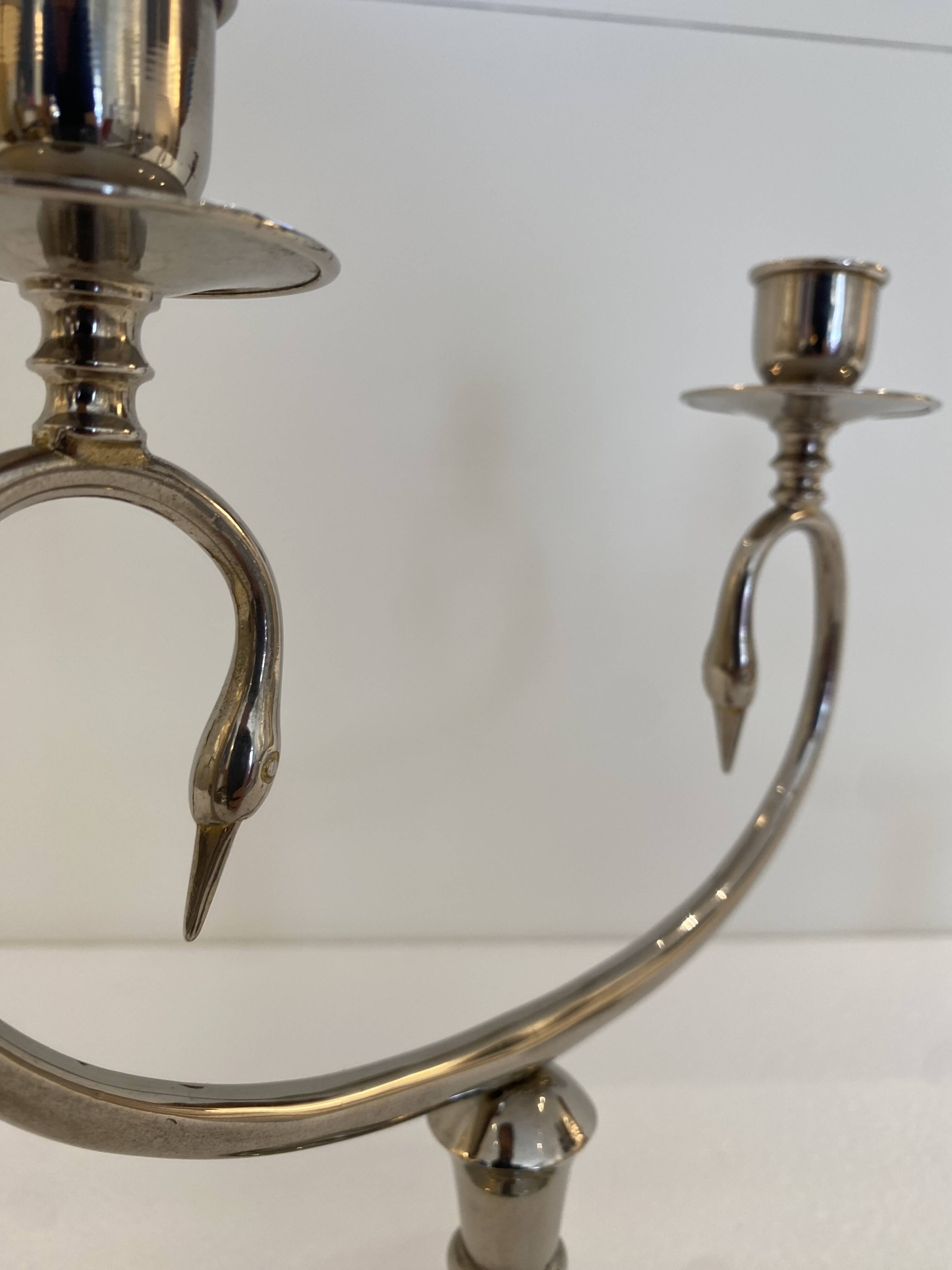 Silver Plated Pair Double Swan Candelabra Candleholders Sculptural 1970s