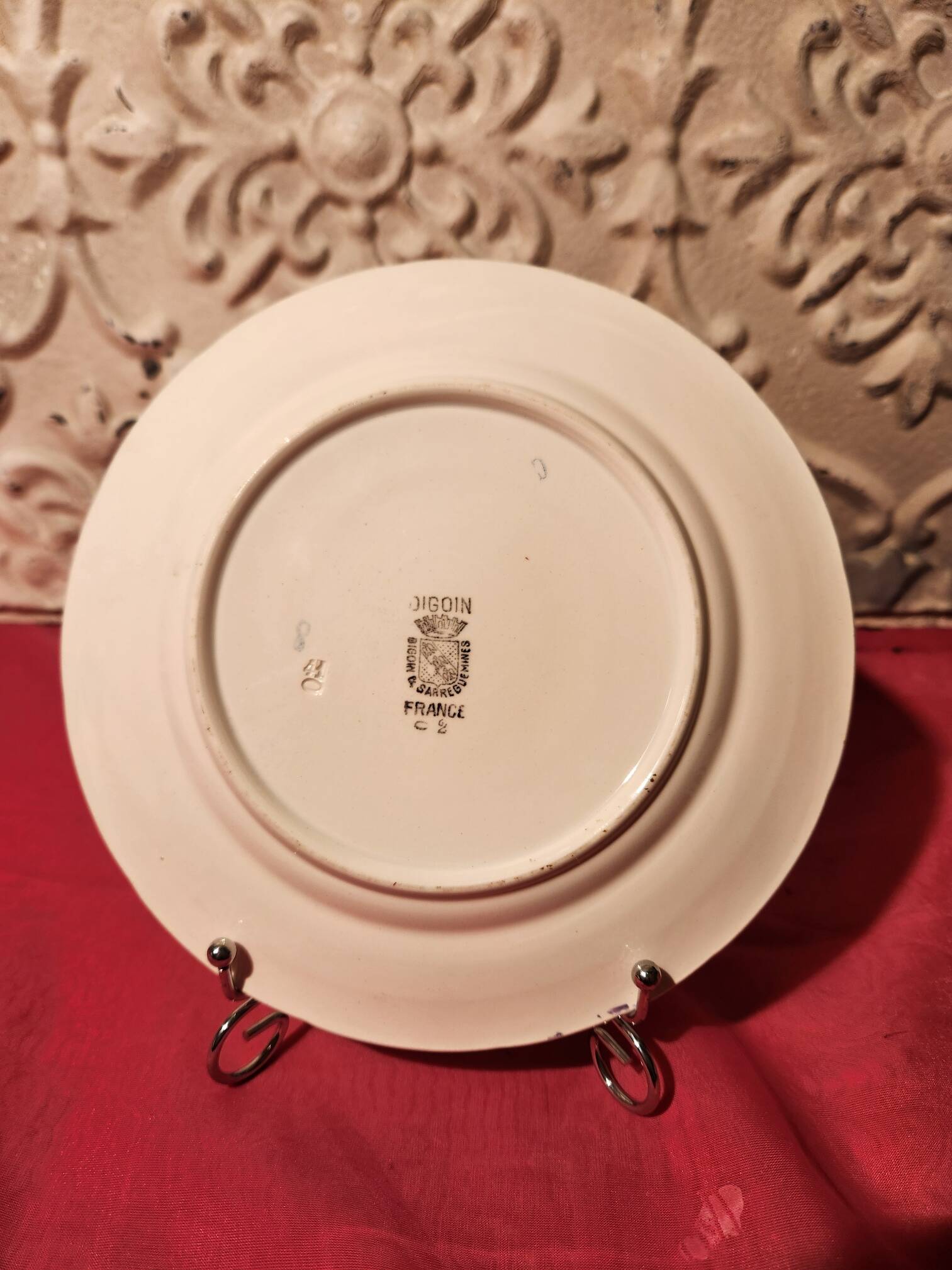 6 dessert plates Digoin Sarreguemines with coloured bird design.