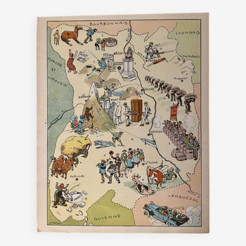 Affiche vintage carte illustrée de l'Auvergne 1945 - JP Pinchon
