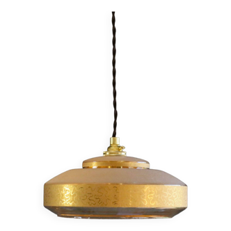 Old pendant light in translucent pink granite glass with gold threads, new cable and socket